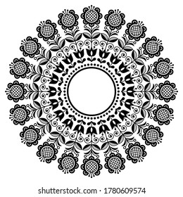Scandinavian retro folk art vector mandala, floral round ornament, Nordic ethnic cute design. Retro black and white background with flowers inspired by Swedish and Norwegian traditional embroidery 

