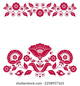 Scandinavian retro folk art vector greeting card or wedding invitaion design inspired by traditional embroidery patterns from Sweden, red decoration with flowers, birds, swirls and leaves.