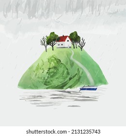 Scandinavian romantic vector Illustration with house, trees, hill and boat. Concept of loneliness. Lonely house on the mountain. Rainy vector landscape. All elements are individual objects