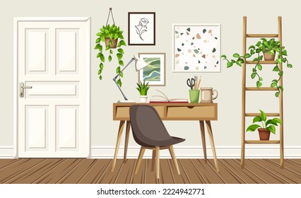 Scandinavian room interior design with a desk, a ladder, and houseplants. Home office interior design. Cartoon vector illustration