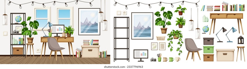 Scandinavian room interior with a desk, shelving, a big painting, hanging lamps, and houseplants. Home office interior design. Furniture set. Interior constructor. Cartoon vector illustration