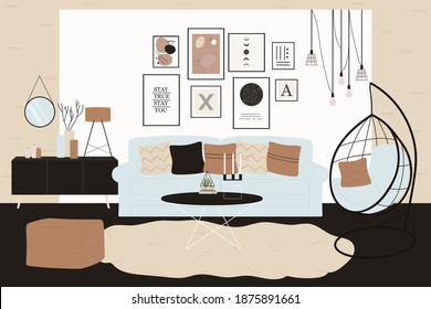 Scandinavian room interior vector illustration. Cartoon trendy living room interior design and cozy house furniture with sofa with pillows, carpet on floor, table with decoration candles background