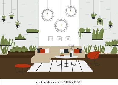 Scandinavian room interior vector illustration. Cartoon trendy living room interior design with a lot of plants pots home garden.