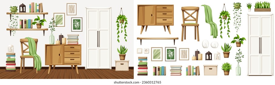 Scandinavian room interior with a white door, a dresser, a chair, and plenty of books and houseplants. Furniture set. Interior constructor. Cartoon vector illustration