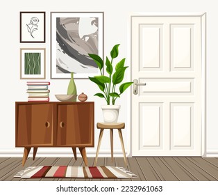 Scandinavian room interior with white walls and door, a dresser, a houseplant, and paintings. Cartoon vector illustration
