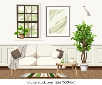 Scandinavian room interior with a window, a white sofa, a big ficus tree, and a painting on the wall. Modern living room interior design. Cartoon vector illustration