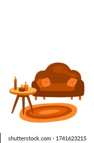 Scandinavian room interior. Wooden coffee table with candles on, brown soft couch with orange pillows and a cozy carpet. Hand drawn vector home decor elements.