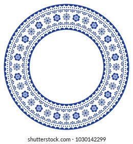 Scandinavian round ornamental frame, vector folk art design, floral composition in navy blue.

Retro background with flowers inspired by Swedish and Norwegian traditional embroidery 
