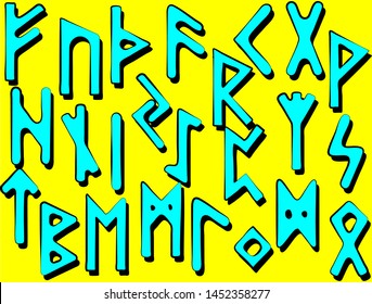 Scandinavian runes are arranged randomly, bright background, blue on yellow.Set of old Norse runes. Runic alphabet, Futhark. 