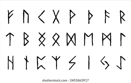 Scandinavian runes. black letters on white background. Set of old Norse Runic alphabet, Futhark. Ancient occult Viking characters on white background, rune font.