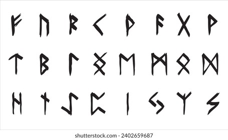 Scandinavian runes. black letters on white background. Set of old Norse Runic alphabet, Futhark. Ancient occult Viking characters on white background, rune font.