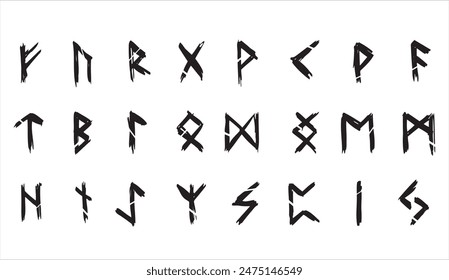 Scandinavian runes. Black letters on white background. Ancient occult Viking characters on white background, rune font. Set of old Norse Runic alphabet, Futhark