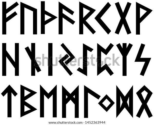 Scandinavian runes black\
letters on white background.Set of old Norse runes. Runic alphabet,\
Futhark. Ancient occult Viking characters letters on white\
background, rune\
font.