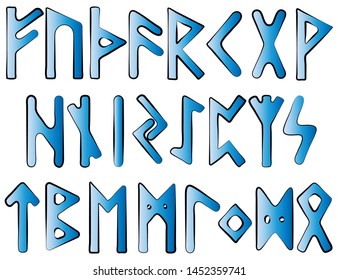 Scandinavian runes blue gradient letters on white background.Set of old Norse runes. Runic alphabet, Futhark. Ancient occult Viking characters letters on white background, rune font. 