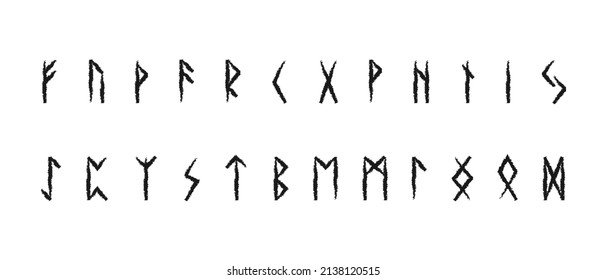 Ruedas escandinavas dibujadas con grano. Símbolos negros de letras de antiguos alemanes y noruegos. Alfabeto jeroglífico ettir con futhark vector clínico