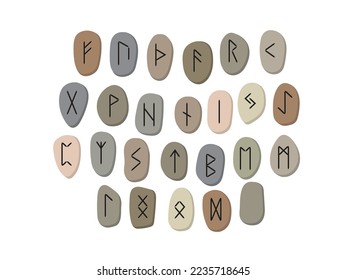 Scandinavian runes full collection of Elder Futhark including empty stone Odin. Esoteric instruments for divination. Vector stones isolated on white background. 