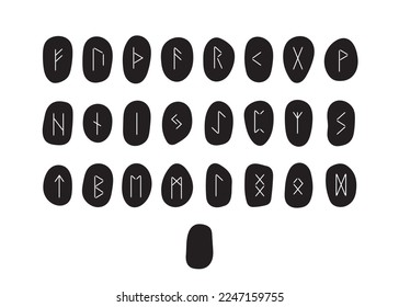 Scandinavian runes full collection of Elder Futhark including empty stone Odin. Esoteric instruments for divination. Vector black stones isolated on white background. 