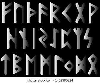 Scandinavian runes grey gradient letters on a black background. Set of old Norse runes. Runic alphabet, Futhark. 