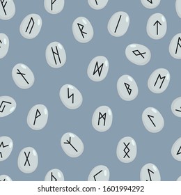 Scandinavian runes on blue background. Runic alphabet. Ancient occult symbols. Seamless pattern.