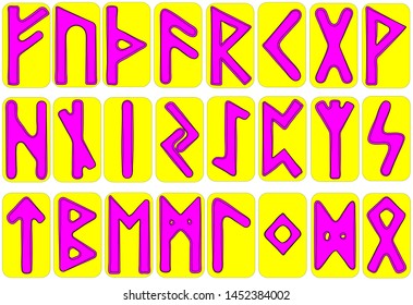 Scandinavian runes pink letters on yellow cards.Set of old Norse runes. Runic alphabet, Futhark. Ancient occult Viking characters letters. 