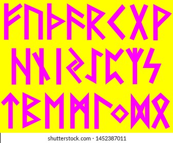 Scandinavian runes pink letters on yellow background. Set of old Norse runes. Runic alphabet, Futhark. 