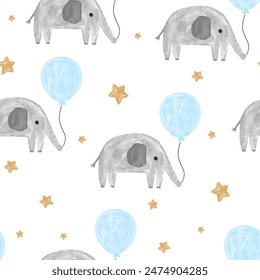 scandinavian safari watercolor elephant seamless pattern with blue balloon and stars. Hand drawn kids fabric and textile design