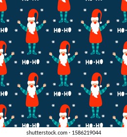 Scandinavian Santa Claus, snowflakes, gifts and trees vector pattern background, trendy hand drawn illustration. 