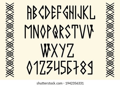 Scandinavian script, in capital letters in the style of nordic runes. Modern design. A magical rune font in the ethnic style of the northern peoples. Latin letters, numbers. Vector illustration. 