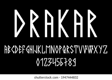 Scandinavian script, in capital letters in the style of nordic runes. Modern design. A magical rune font in the ethnic style of the northern peoples. Latin letters, numbers. Vector illustration. 