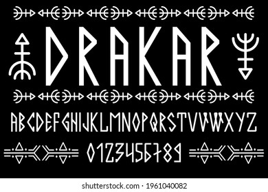 Scandinavian Script, In Capital Letters In The Style Of Nordic Runes. Modern Design. A Magical Rune Font In The Ethnic Style Of The Northern Peoples. Latin Letters, Numbers. Vector Illustration. 