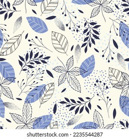 Scandinavian seamless doodle pattern with vintage leaves sketch. Design background greeting cards and invitations to the wedding, birthday and other seasonal winter, spring and other.