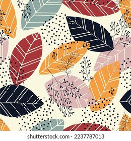 Scandinavian seamless doodle pattern with vintage leaves sketch.  For wrapping paper. Ideal for wallpaper, surface textures, textiles.