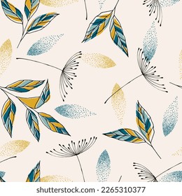 Scandinavian seamless doodle pattern with vintage leaves sketch. For wrapping paper. Ideal for wallpaper, surface textures, textiles.