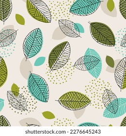 Scandinavian seamless doodle pattern with vintage leaves sketch. For wrapping paper. Ideal for wallpaper, surface textures, textiles.