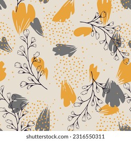 Scandinavian seamless doodle pattern with vintage leaves sketch.  For wrapping paper. Ideal for wallpaper, surface textures, textiles.