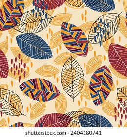 Scandinavian seamless doodle pattern with vintage leaves sketch.  For wrapping paper. Ideal for wallpaper, surface textures, textiles.