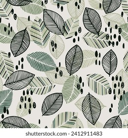 Scandinavian seamless doodle pattern with vintage leaves sketch. For wrapping paper. Ideal for wallpaper, surface textures, textiles.