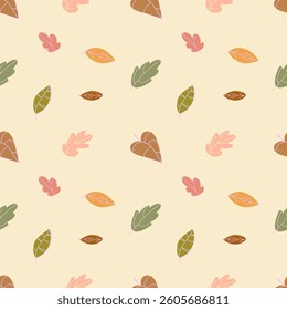 Scandinavian seamless doodle pattern with vintage leaves sketch. For wrapping paper. Ideal for wallpaper, surface textures, textiles. Pattern with autumn leaves. Collection of tree leaf shapes.