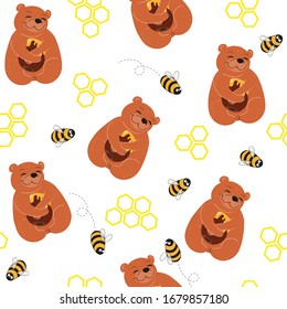 Scandinavian seamless flat background with cute bears with honey, bees and honeycombs. Pattern, flyer, congratulation, invitation, poster, banner, card, web, packaging, paper, textile