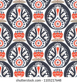 Scandinavian seamless folk art pattern with cute birds and flowers, Nordic floral design, retro background in ethnic colors. Retro background inspired by Swedish and Norwegian traditional embroidery