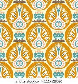 Scandinavian seamless folk art pattern with cute birds and flowers, Nordic floral design, retro background in ethnic colors. Retro background inspired by Swedish and Norwegian ethnic embroidery