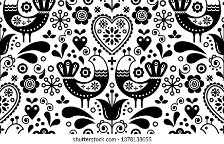 Scandinavian seamless folk art pattern with birds and flowers, Nordic floral design, retro background in black and white. Retro monochrome floral background inspired by Swedish and Norwegian art