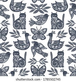 Scandinavian seamless folk art pattern in Nordic design. Retro floral background inspired by Swedish and Norwegian traditional folk embroidery