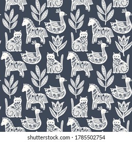 Scandinavian seamless folk art pattern with cute animals in Nordic design. Retro floral background inspired by Swedish and Norwegian traditional folk embroidery