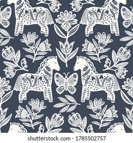Scandinavian seamless folk art pattern with horse in Nordic design. Retro floral background inspired by Swedish and Norwegian traditional folk embroidery