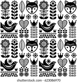 Scandinavian seamless folk art pattern - black Finnish design, Nordic style