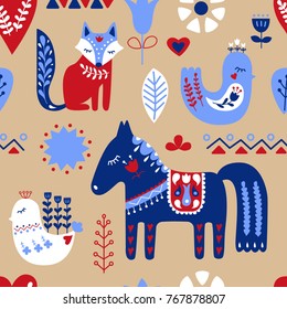 Scandinavian seamless folk art pattern. Nordic style. Scandinavian animals. Vector illustration.