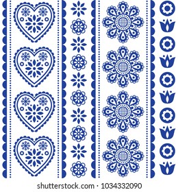 Scandinavian seamless folk art vector pattern with flowers and hearts, Nordic ornament design - long stripes Traditional floral navy blue background, retro style inspired by embroidery from Sweden 