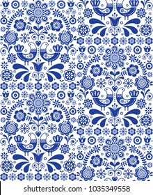 Scandinavian seamless folk art vector pattern, floral repetitive background with birds and flowers, navy blue ornament.

Decorative floral ethnic wallpaper, retro textile design on white background, f