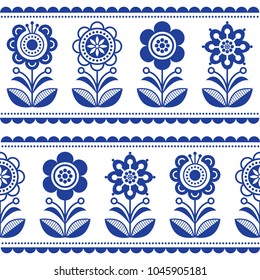 Scandinavian seamless folk art vector pattern with flowers and hearts, Nordic ornament design - long stripes.

Traditional floral navy blue background, retro style inspired by embroidery from Sweden a